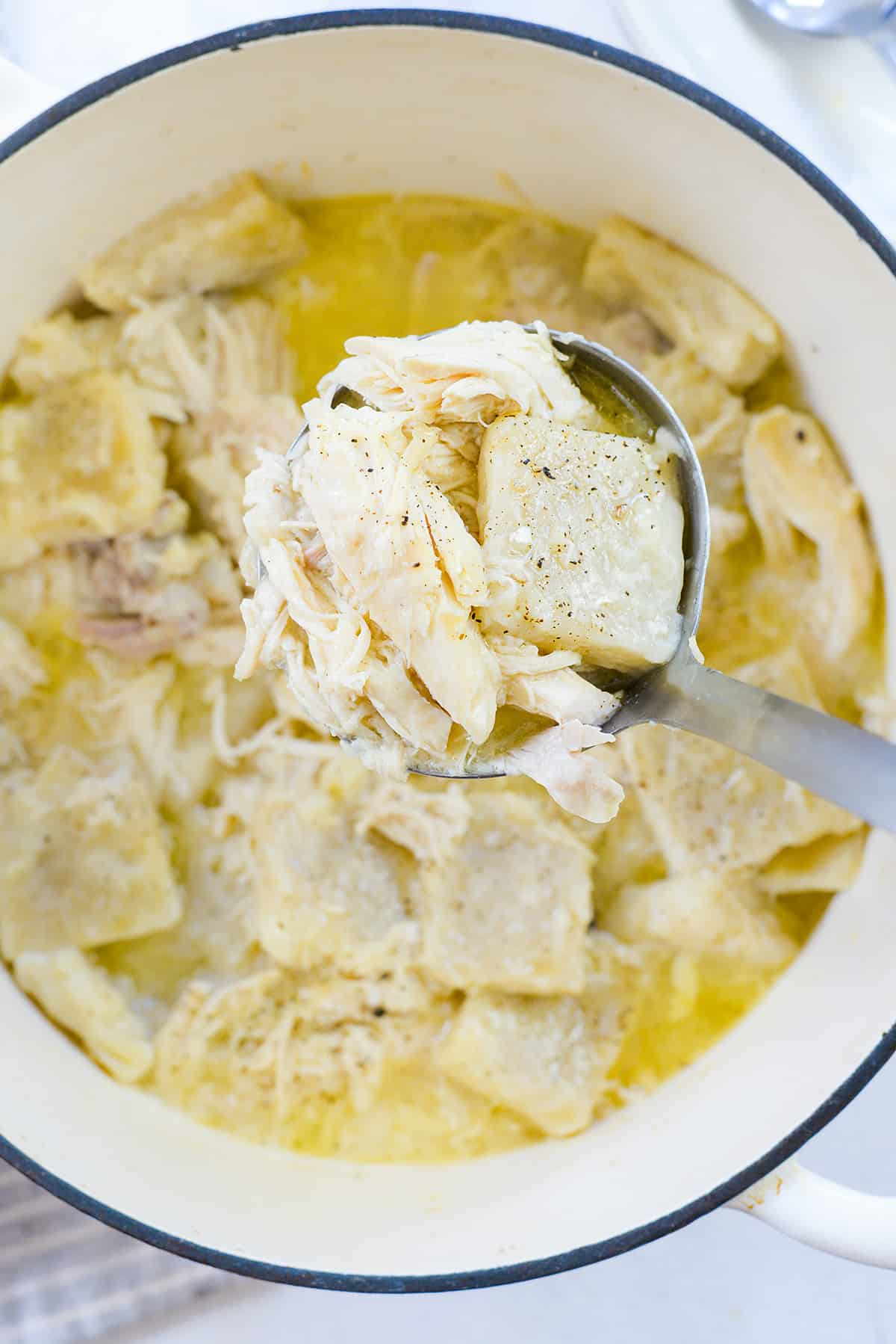 chicken and dumplings in white dutch oven.