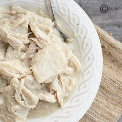 An overhead view of chicken and dumplings on a decorative white plate.