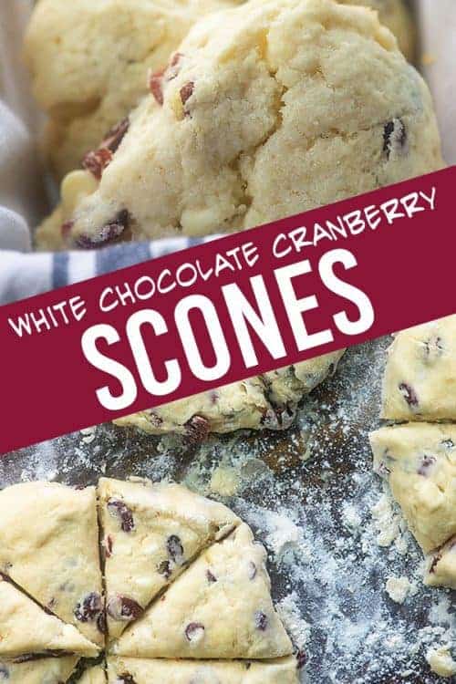 A close up of scones cut on a table with flour and Cranberry