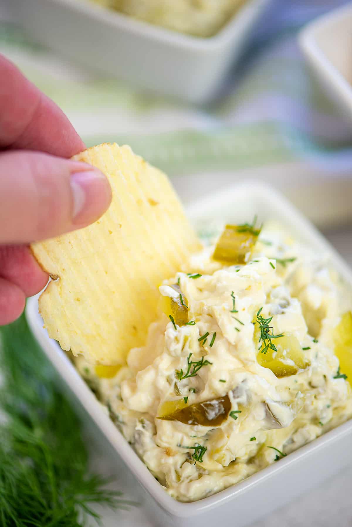 chip being dipped into dill pickle dip.