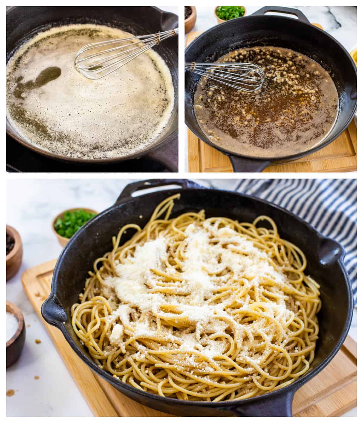 Collage showing how to make lemon garlic pasta recipe.