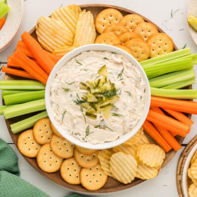 pickle dip in small white bowl.