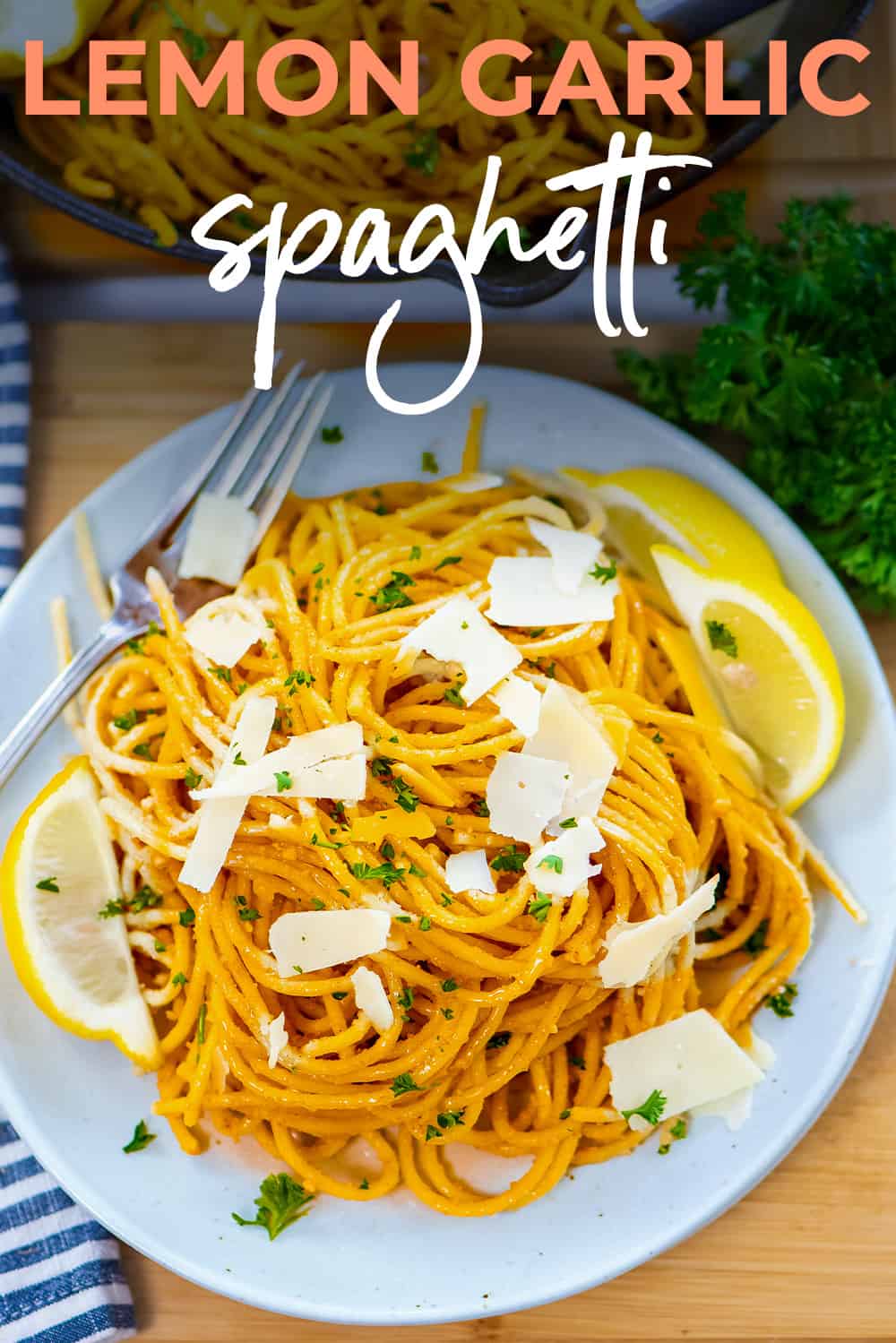 Overhead view of lemon garlic spaghetti on plate.
