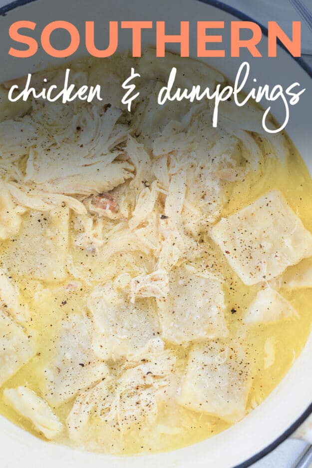 chicken and dumplings in large pot.