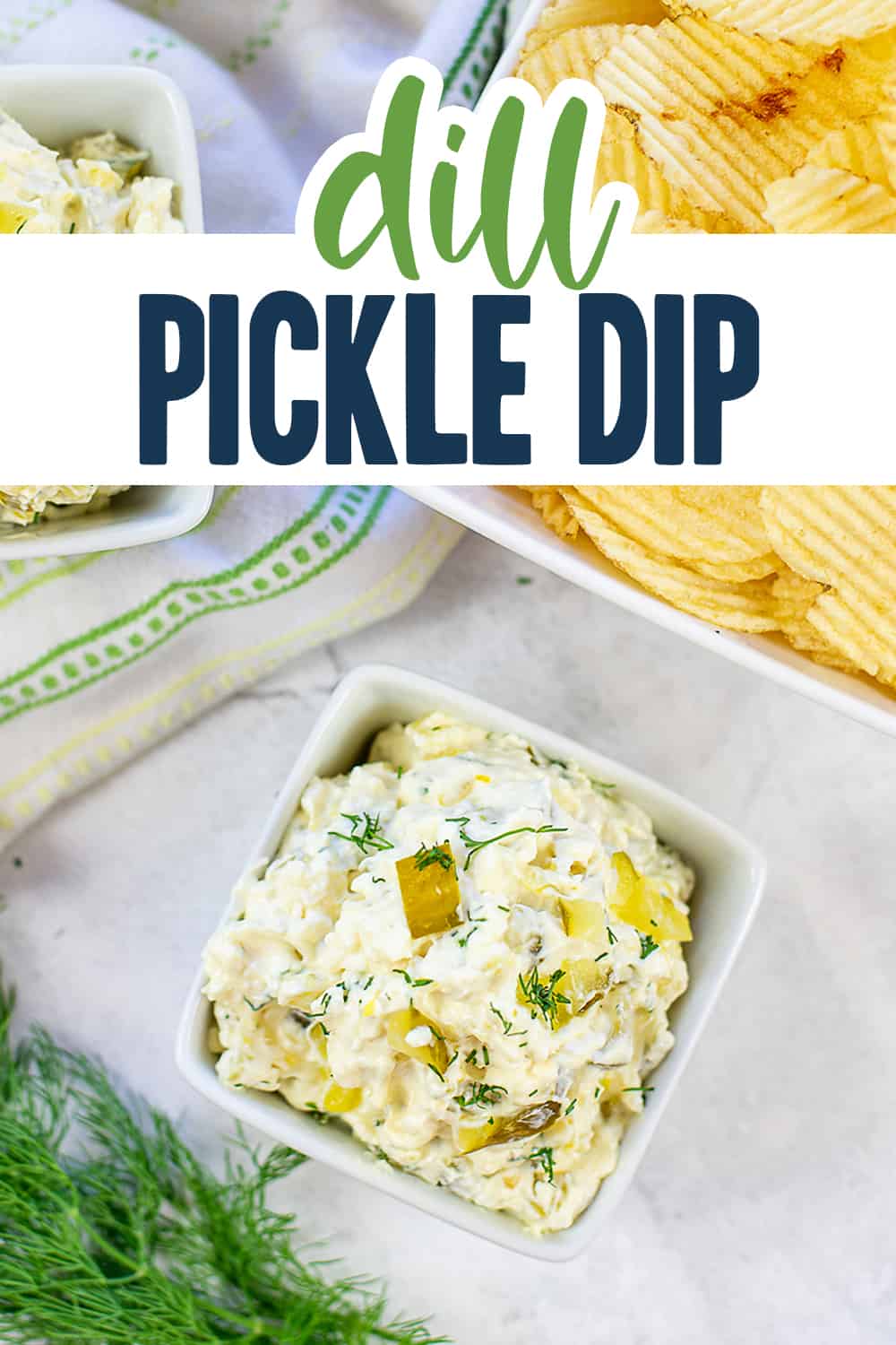 dill pickle dip in small bowls with text for Pinterest.