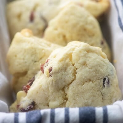 Scones lined up in a breadbasket.