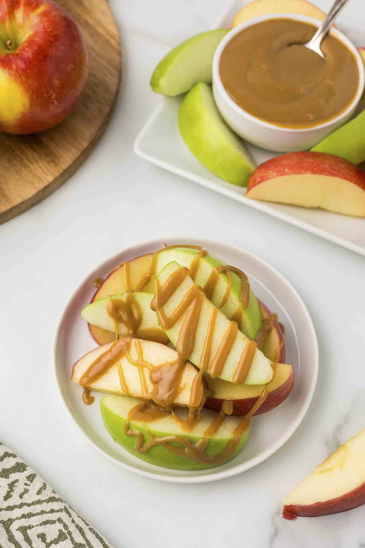 Apple slices drizzled with sweetened condensed milk caramel.