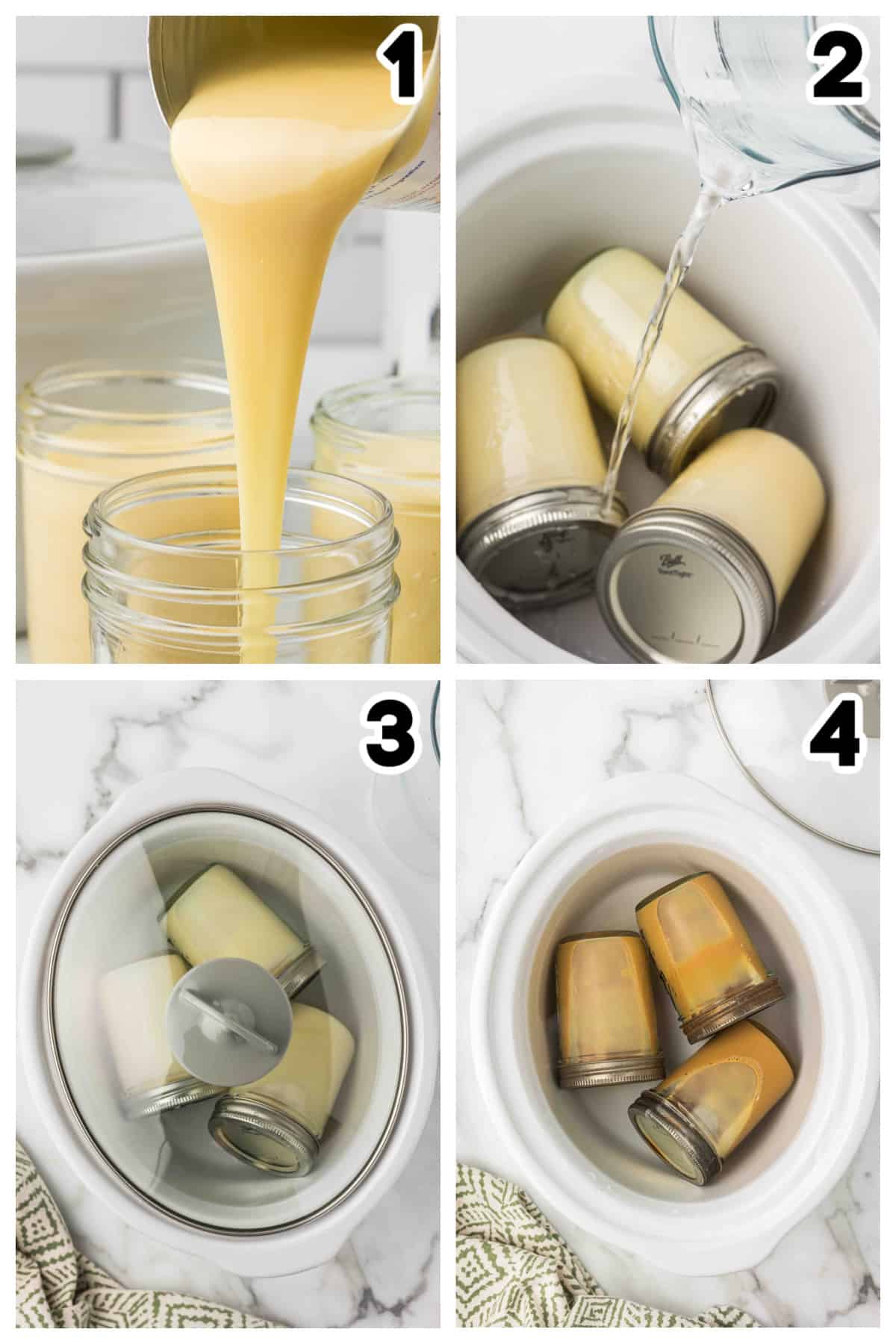 Collage showing how to make dulce de leche in the crockpot with sweetened condensed milk.