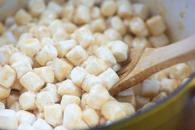 marshmallow mixture in yellow pan