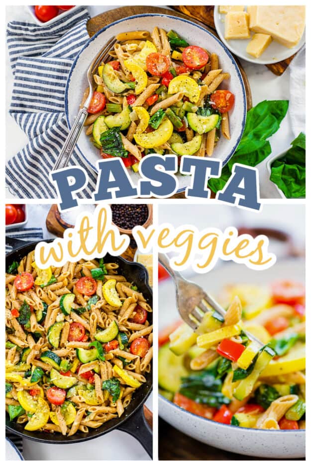 Collage of pasta primavera recipes.