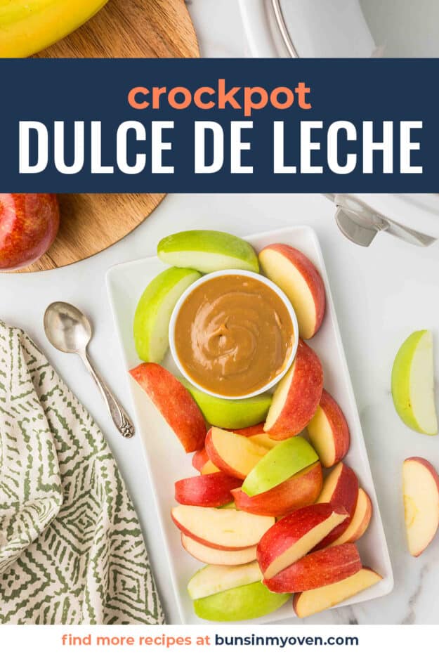 Dulce de leche recipe in white bowl with apple slices.