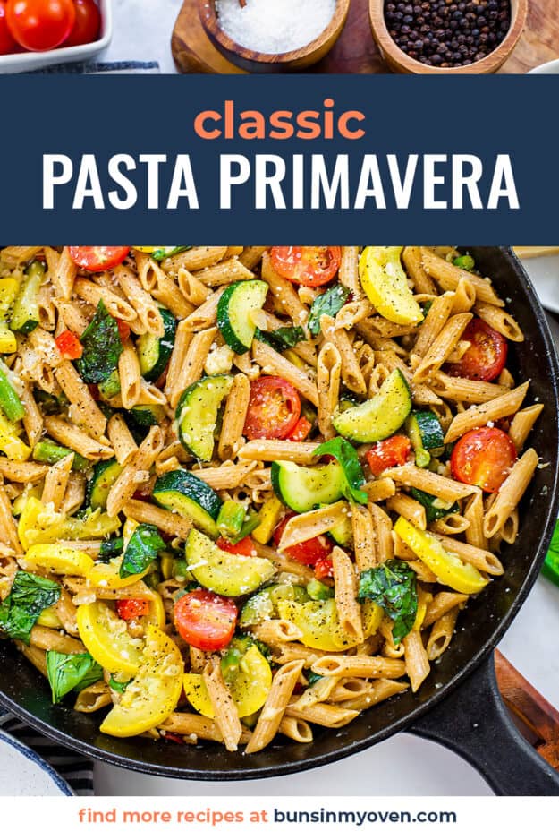 Pasta primavera in cast iron skillet with text for PInterest.