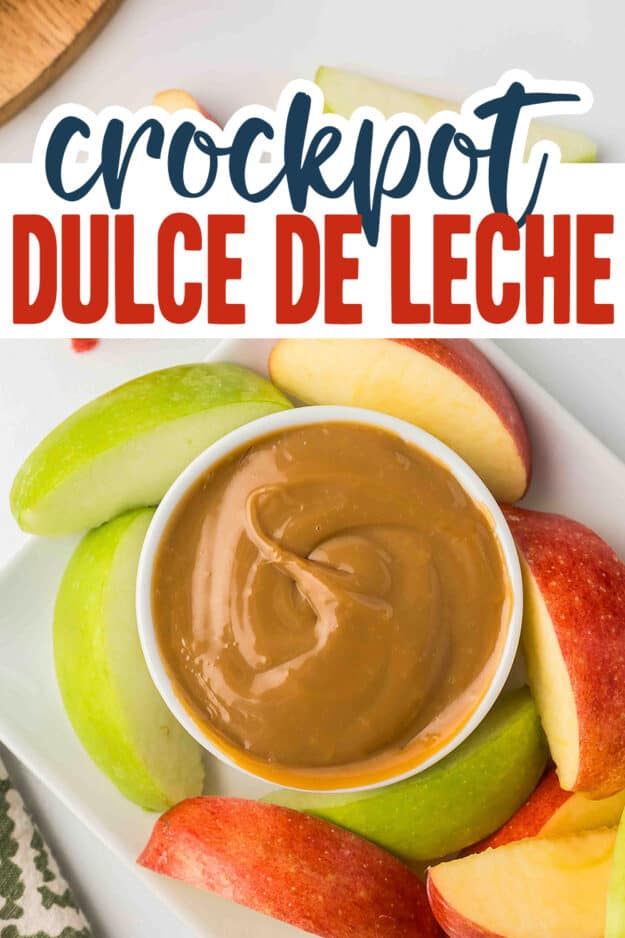Dulce de leche in white dish surrounded by sliced apples.