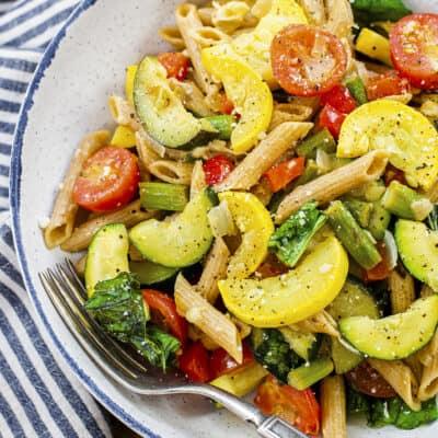 Overhead view of pasta primavera in bowl.