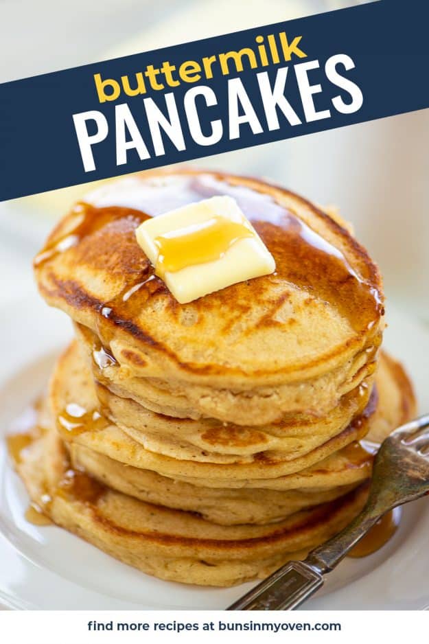 buttermilk pancake recipe with butter and syrup.