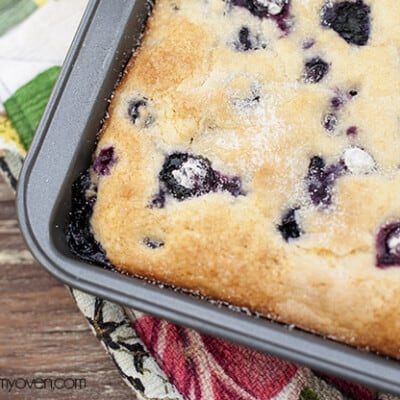 Overhead view of buttermilk blueberry breakfast cake