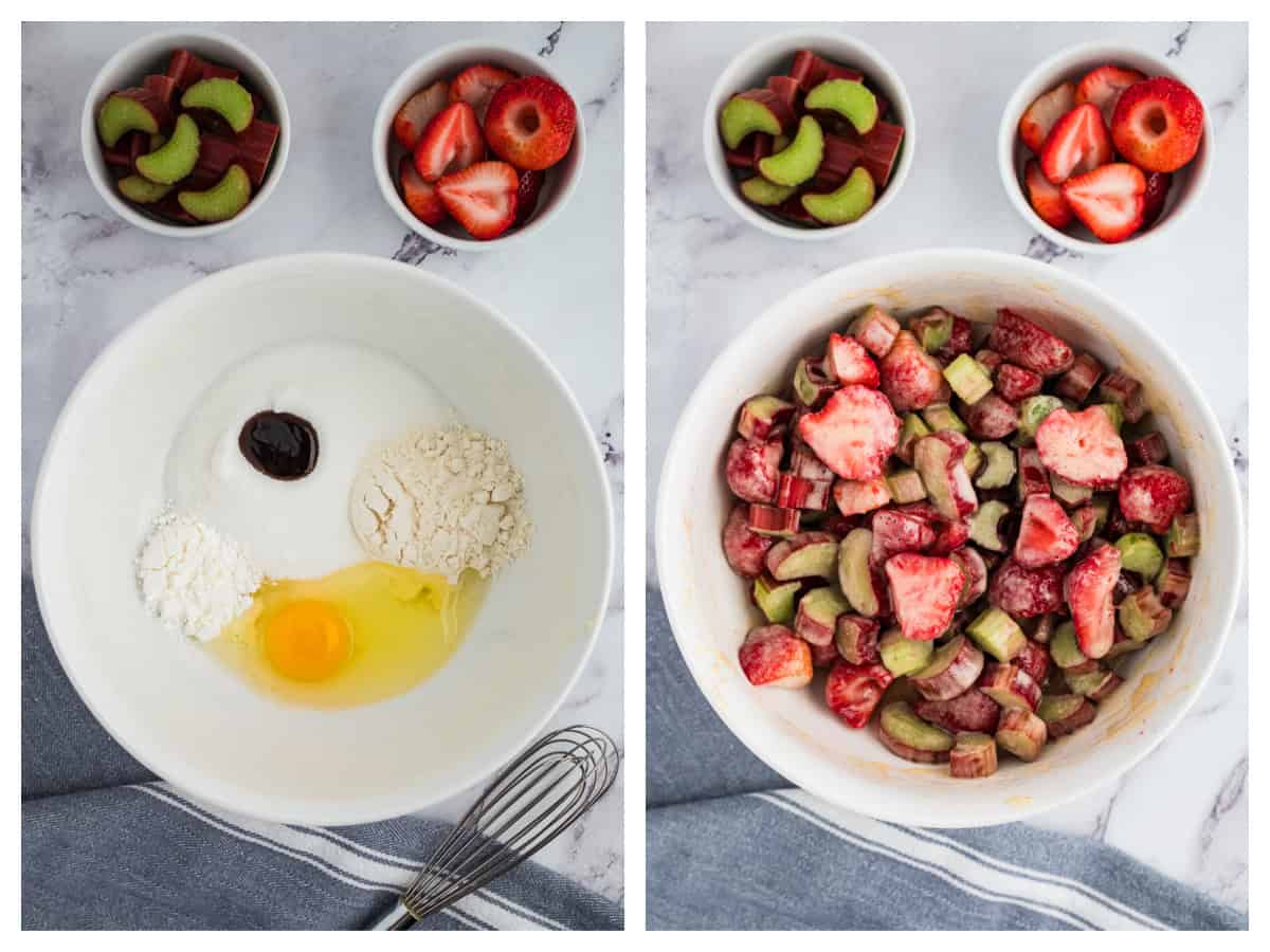 Collage showing how to make strawberry rhubarb pie filling.