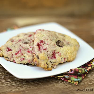 A closeup of dark chocolate raspberry scones