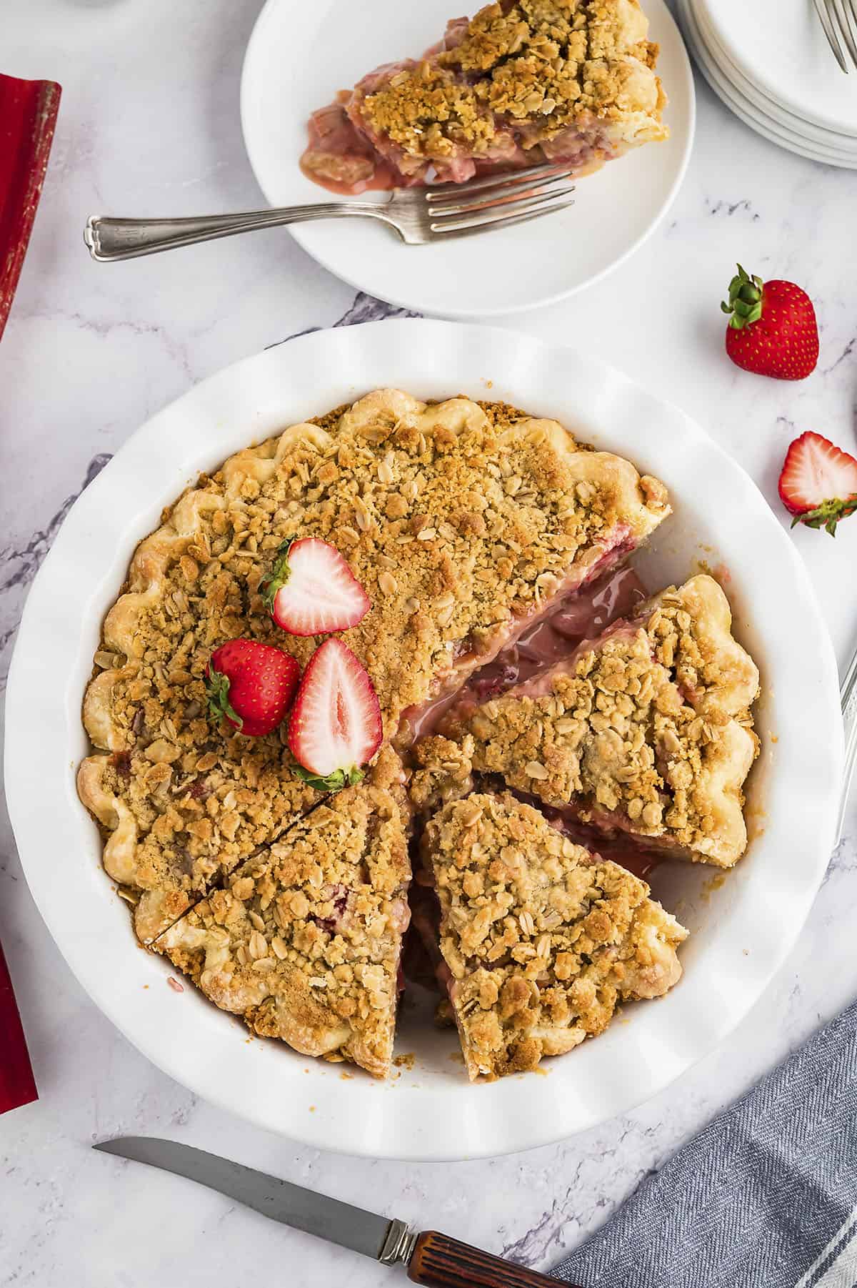 Strawberry rhubarb pie in pie plate.