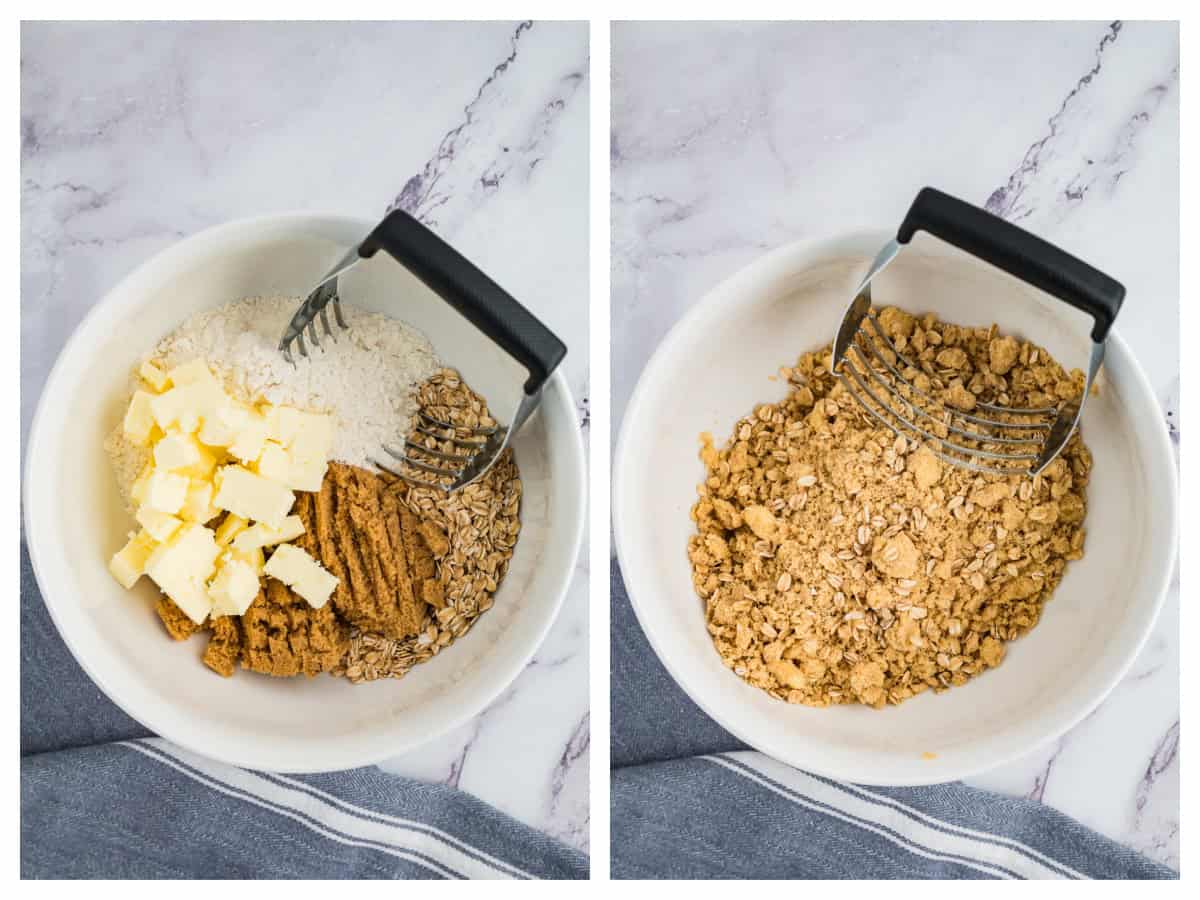 Collage showing how to make oatmeal crumb topping for pie.