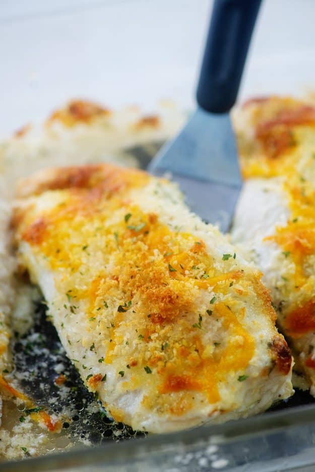 ranch baked chicken breast in baking dish.