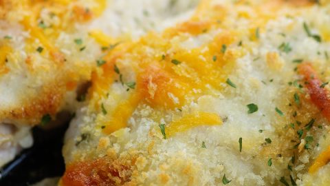 baked chicken breasts in baking dish.