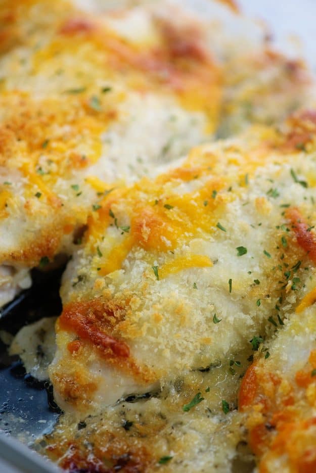 baked chicken breasts in baking dish.