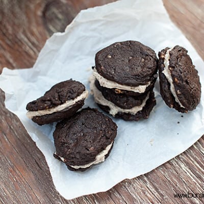 An overhead view of a stack of homemade sandwich cookies.