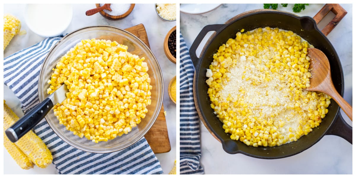 Collage showing how to make creamed corn.