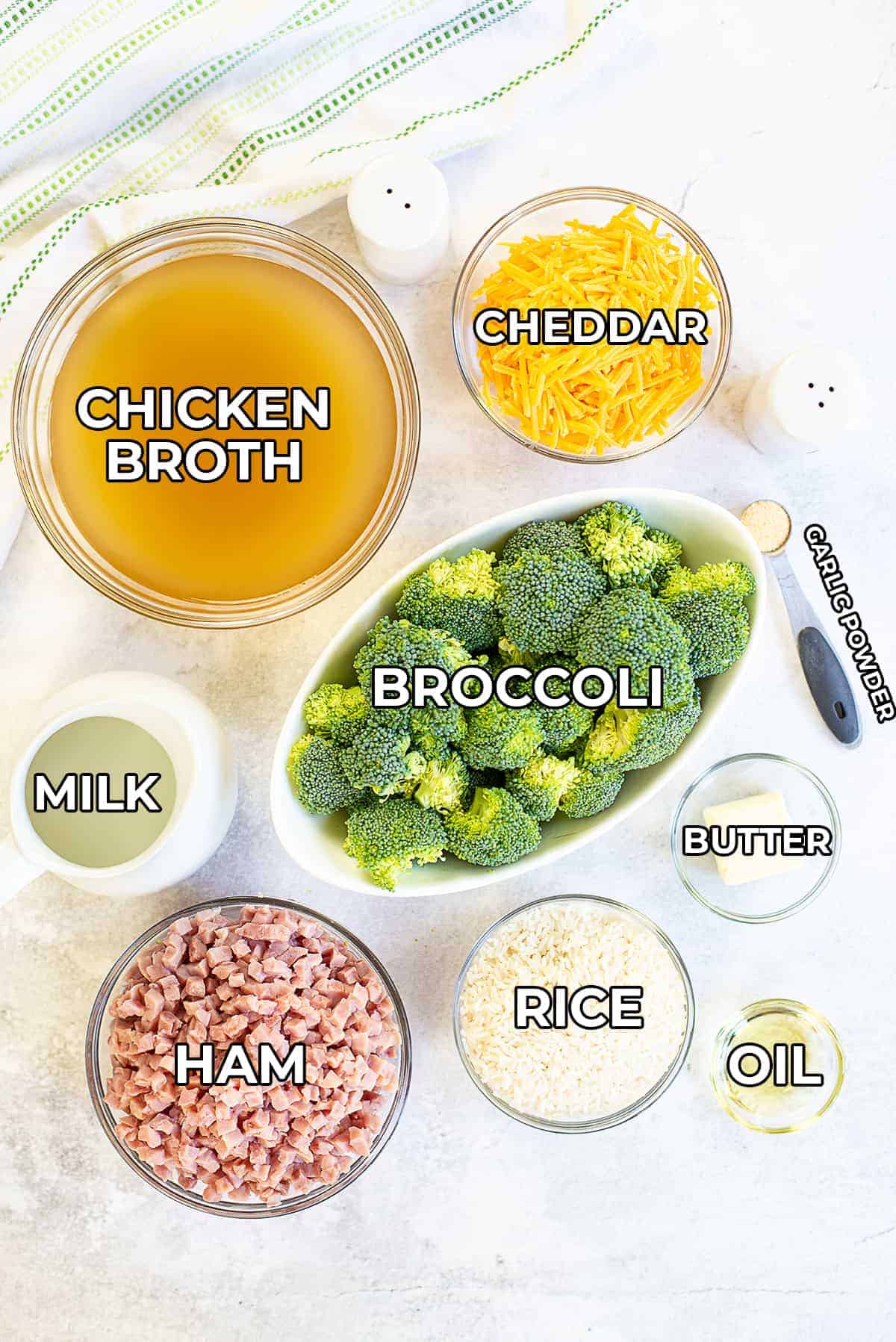 ingredients for cheesy broccoli rice with labels.