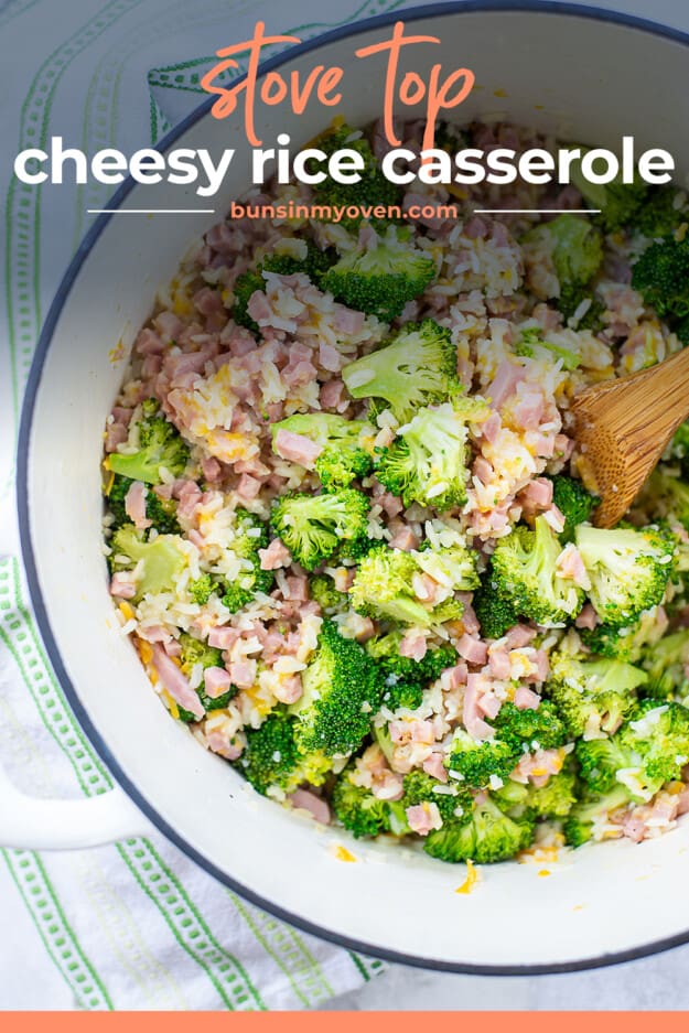 ovrehead view of broccoli and rice in pot with text for Pinterest.