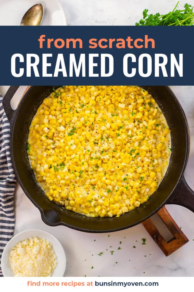 Creamed corn in skillet.