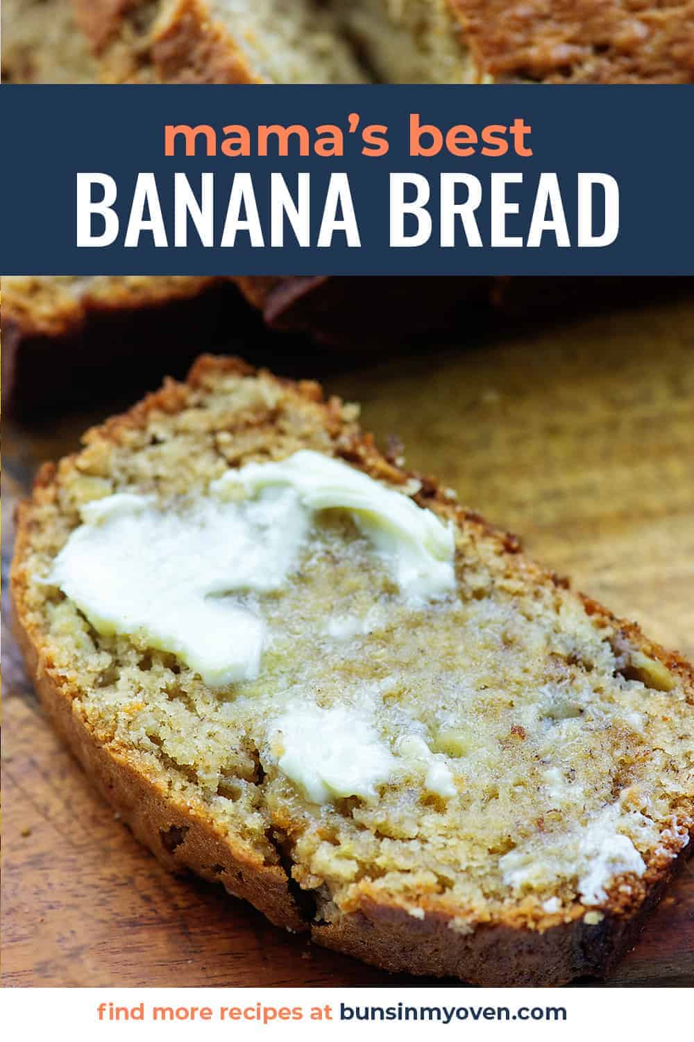 slice of banana bread smeared with butter on wooden cutting board