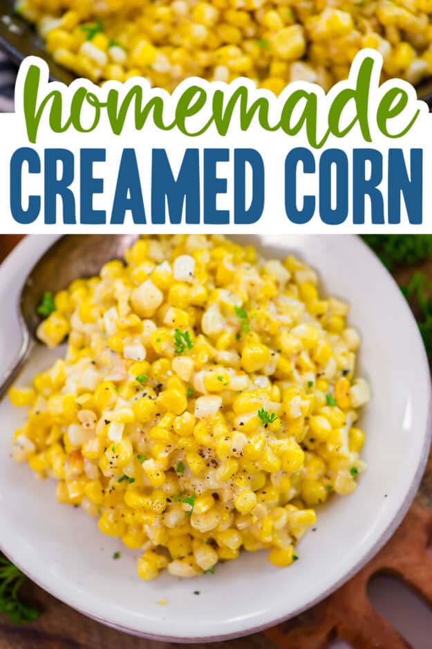 Homemade creamed corn on white plate.