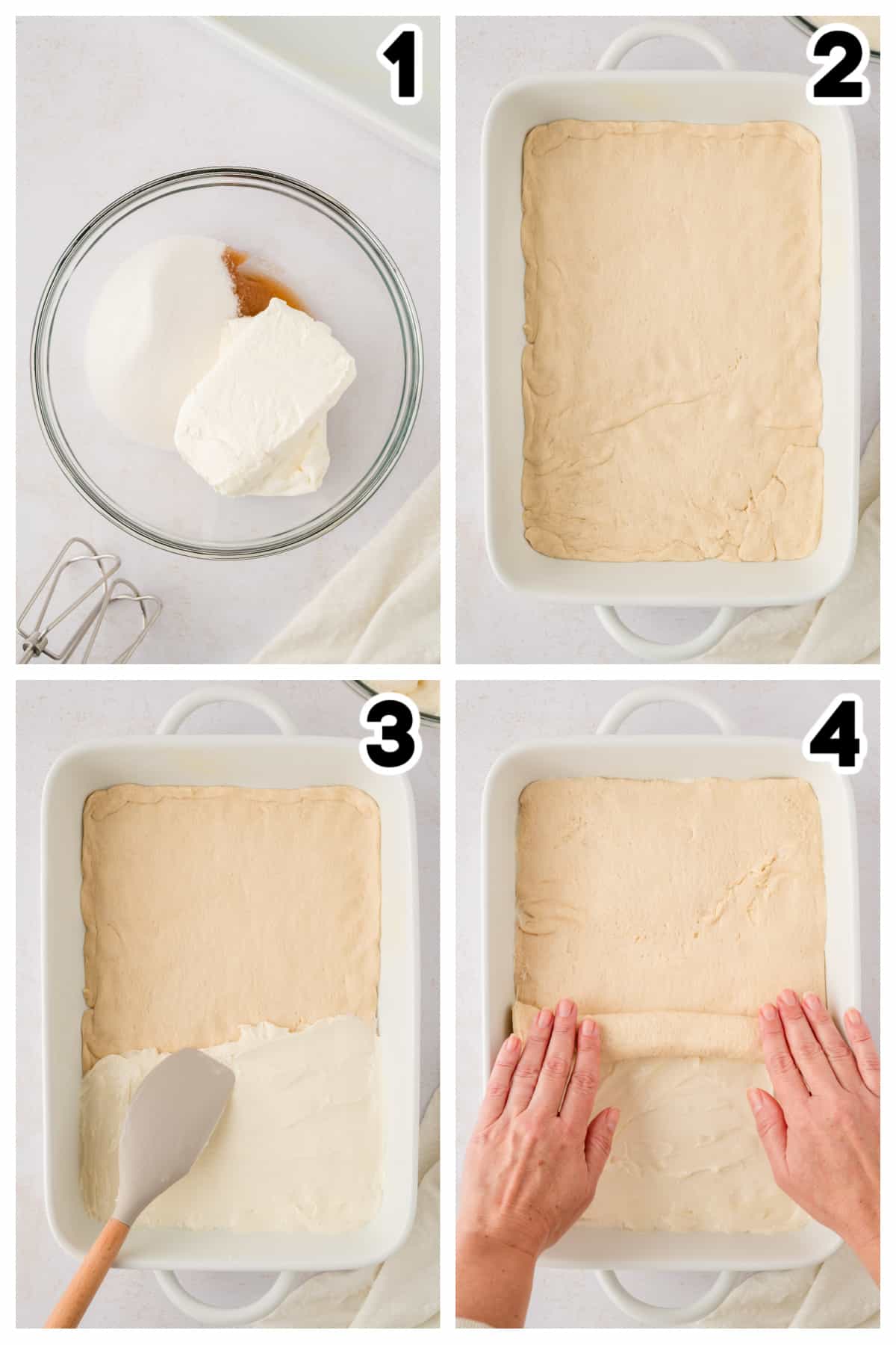 Collage showing how to make sopapilla cheesecake bars.