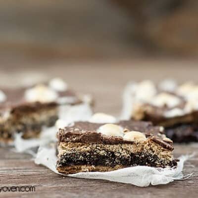 A closeup of a smores brownie