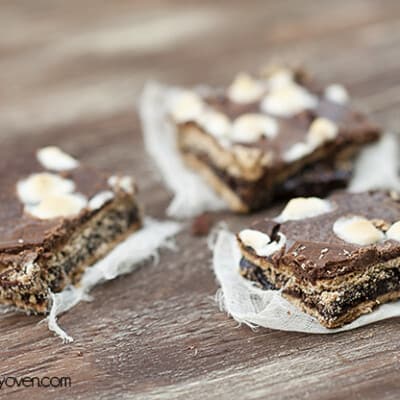 Three smores brownies on a table