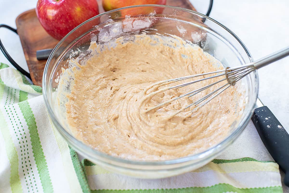 pancake batter in mixing bowl.