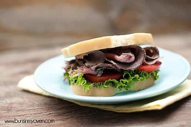 AA closeup of the roast beef sandwich on a white plate 