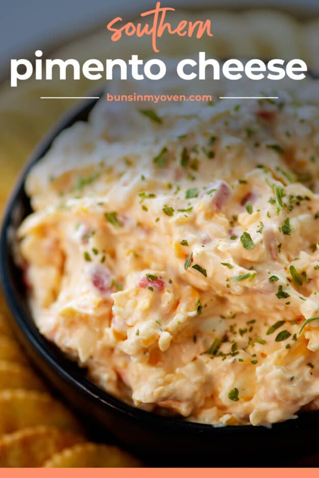 bowl of pimento cheese with text for pinterest.