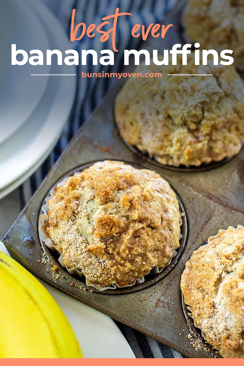 banana crumb muffins in muffin tin.
