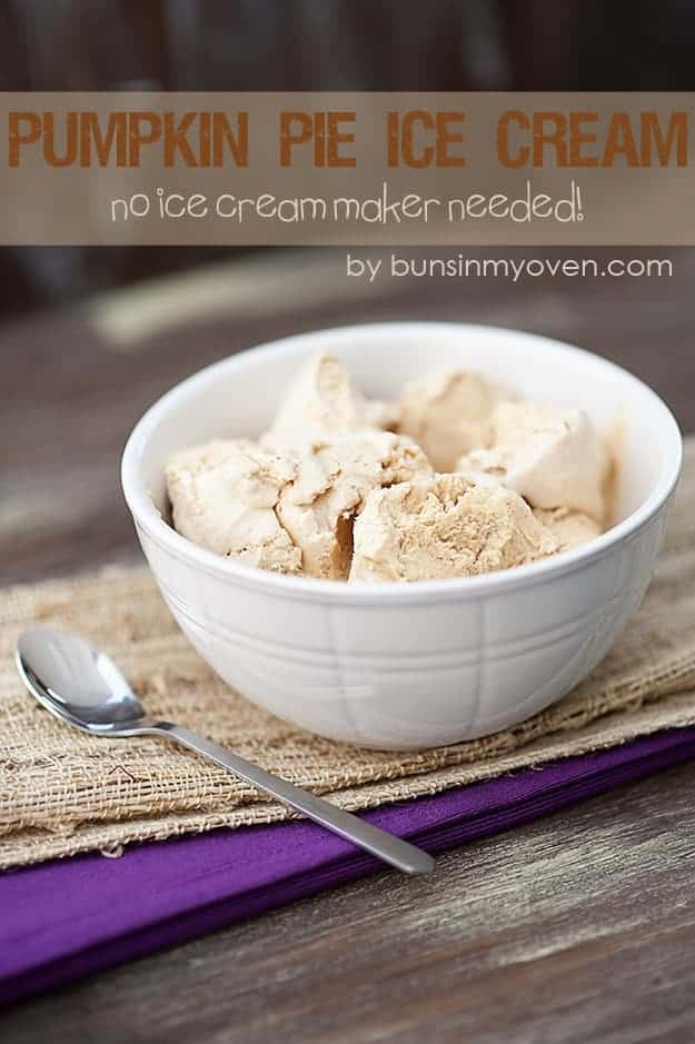 A white bowl of pumpkin ice cream on a woven napkin.