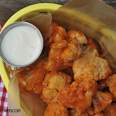 Overhead view of an appetizer tray of cauliflower bites