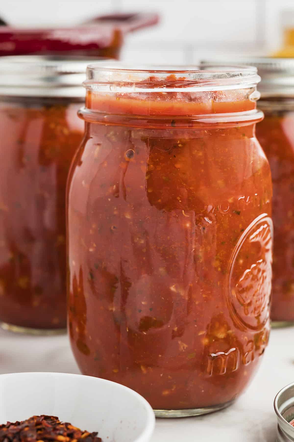 Spaghetti noodles topped with tomato sauce.