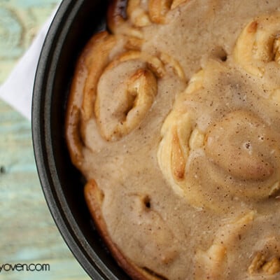 A close up of a brown butter cinnamon rolls.