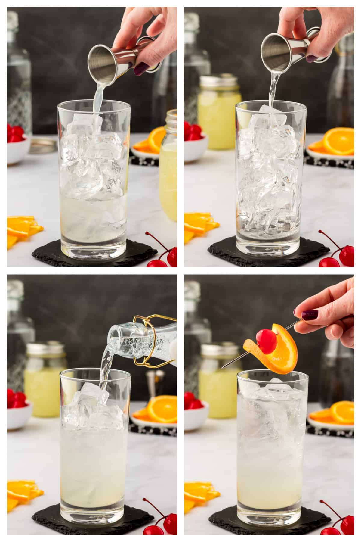 Collage showing how to make vodka collins recipe.