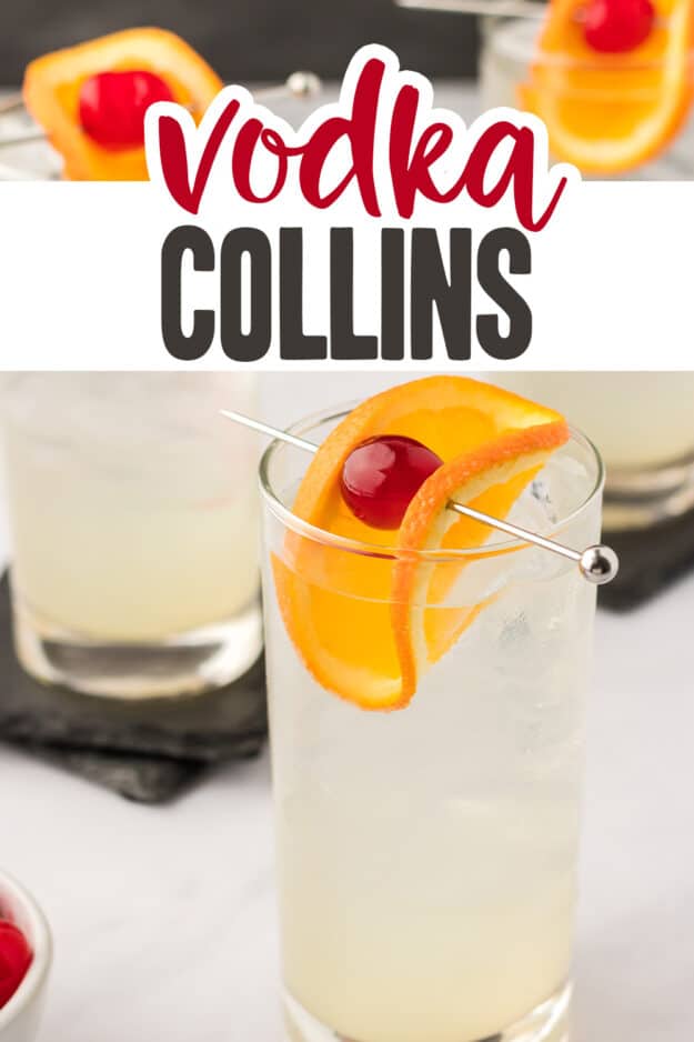 vodka collins in highball glass.