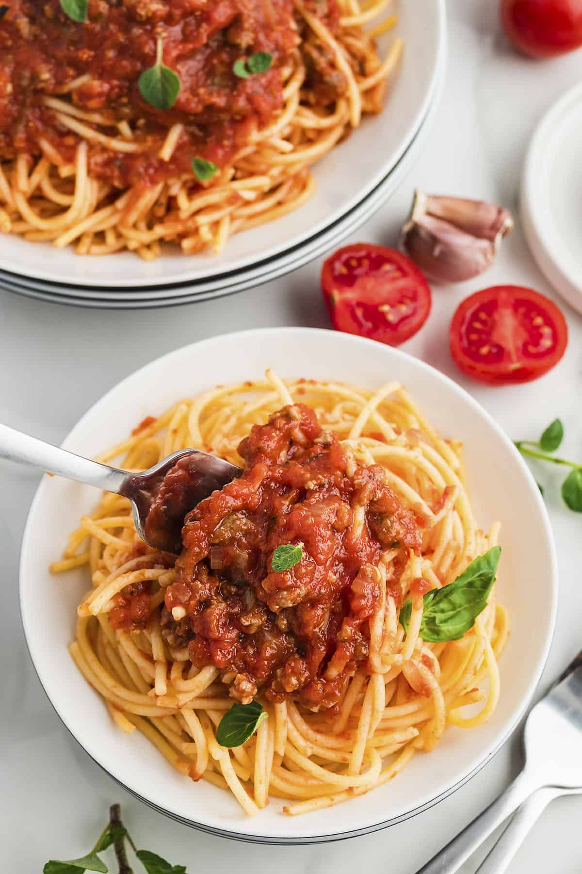 homemade spaghetti sauce over pasta