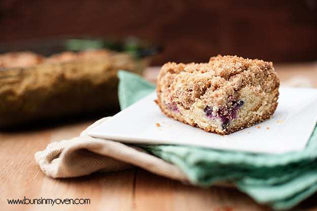 A blackberry coffee cake of a cloth napkin.