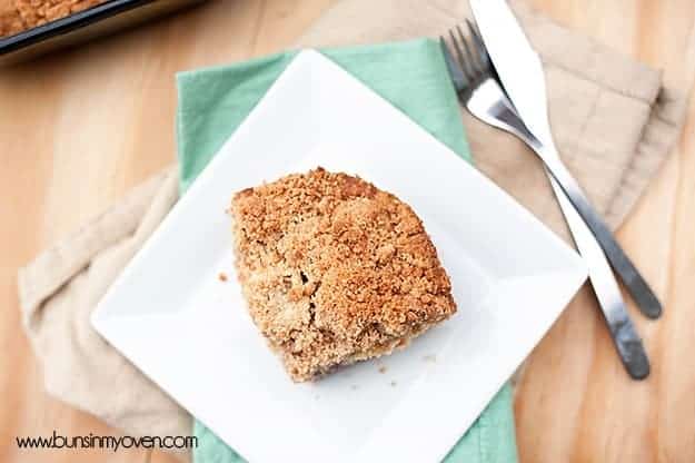 An overhead view of piece of a coffee cake.